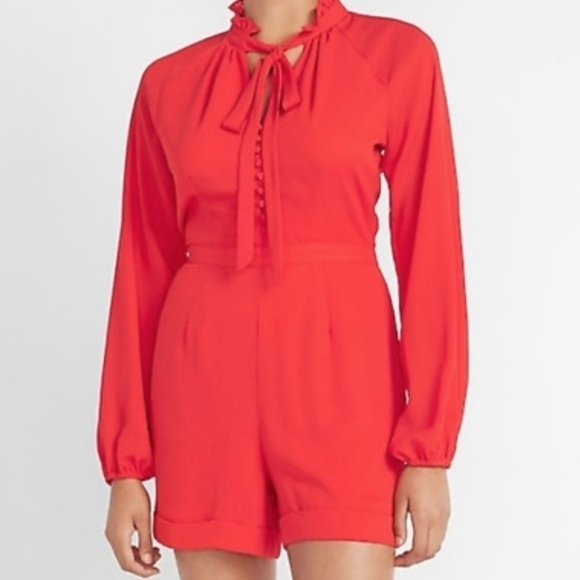 NWT Express x Ladygang Red Tie Ruffle Neck Long Sleeve Shorts Romper 2 - Picture 1 of 12